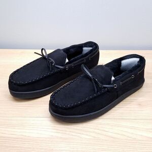 CLUB ROOM Mens Moccasin Slippers Size 6 7 Black Slip On Plush Lined Comfort